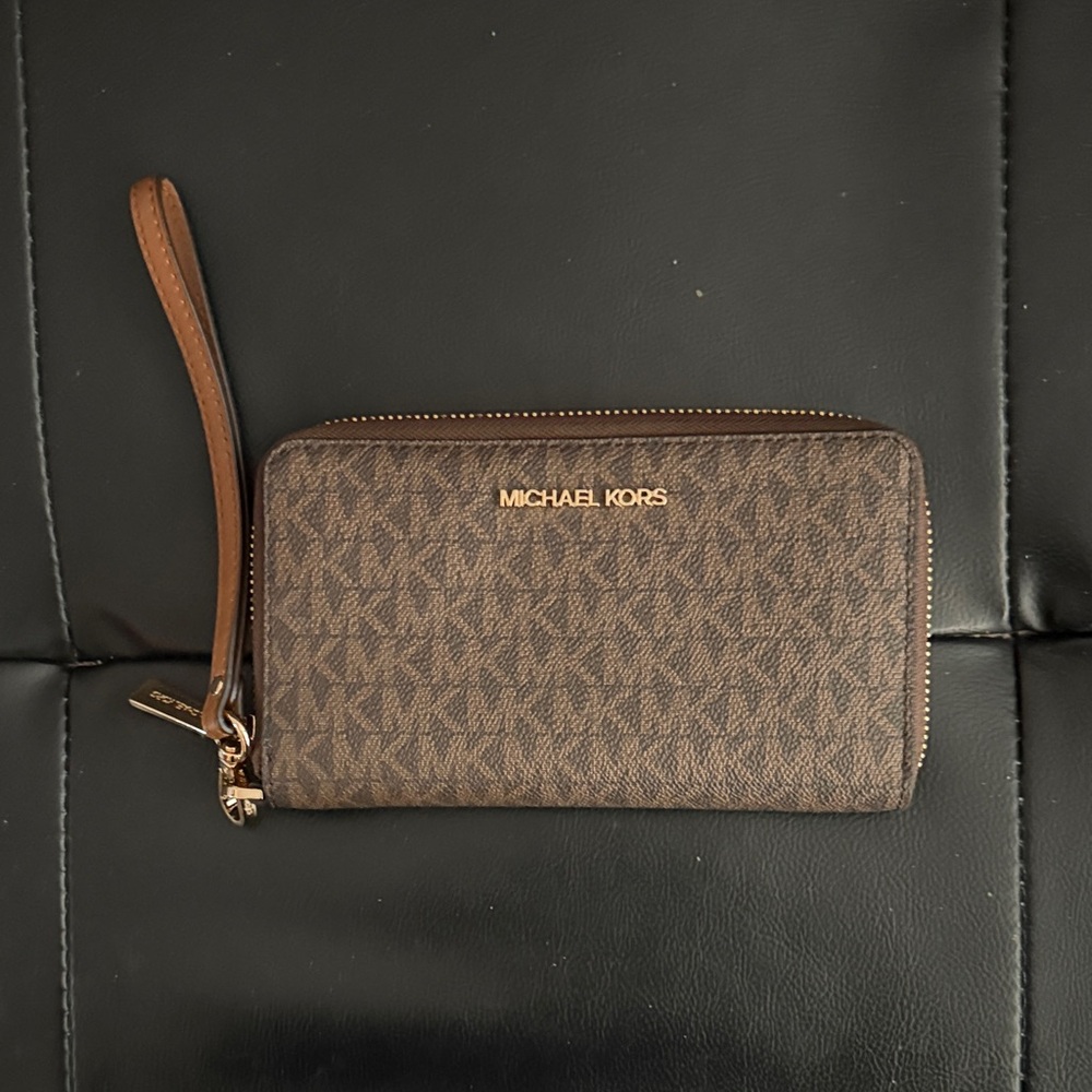 Michael Kors Brown MK Logo Zip Wristlet Wallet